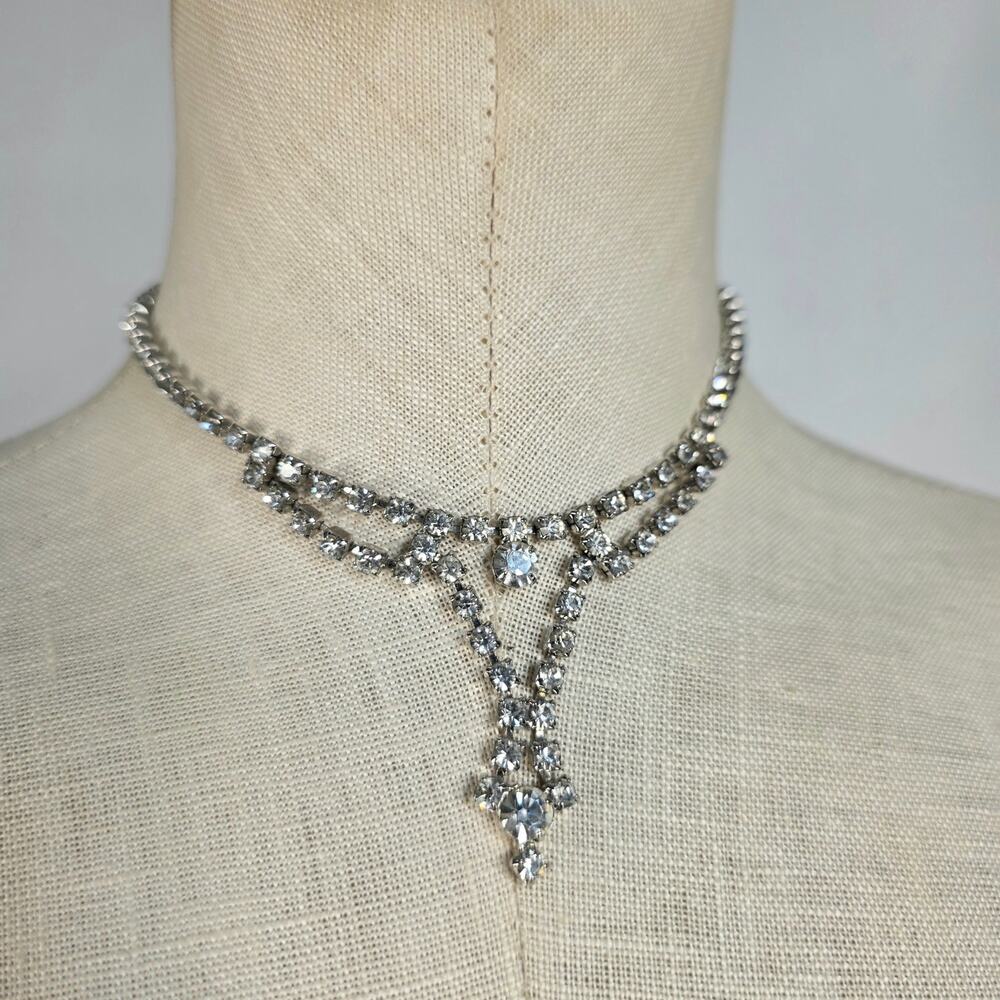 Vintage Rhinestone Y Drop Necklace Silver Tone Bridal Formal Statement